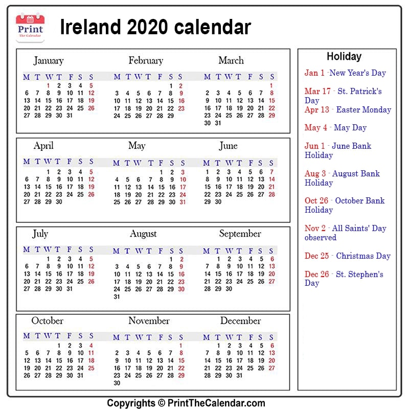 Ireland Calendar 2020 with Ireland Public Holidays